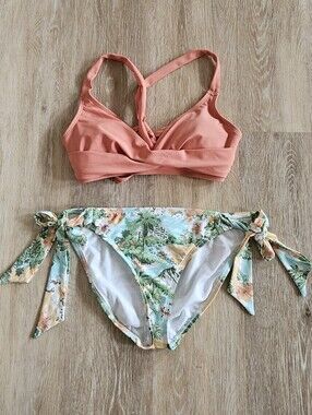 Women's green blue peach island print bikini swimsuit side tie strappy athletic